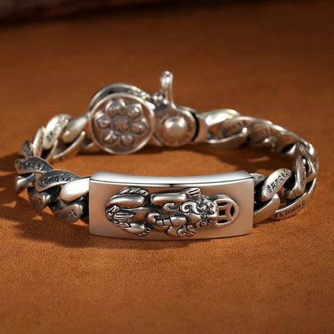 Sterling Silver Buddhist Mantra Pixiu Curb Chain Bracelet