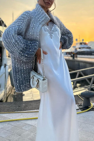 Warme, glänzende Herz-Strickjacke mit Pailletten, Ballonärmeln, Reißverschluss am Hals und lockerem Schnitt 