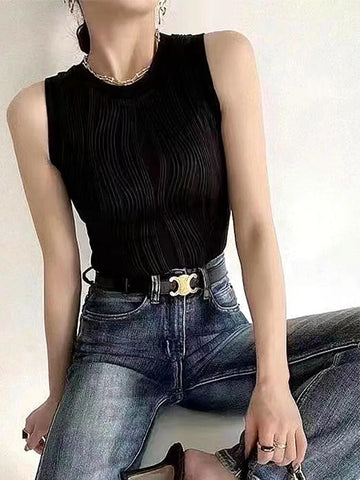Chaleco de punto chic de verano para mujer, camiseta sin mangas blanca ajustada elástica de moda de verano para mujer, top básico sin mangas 2024, ropa para mujer 