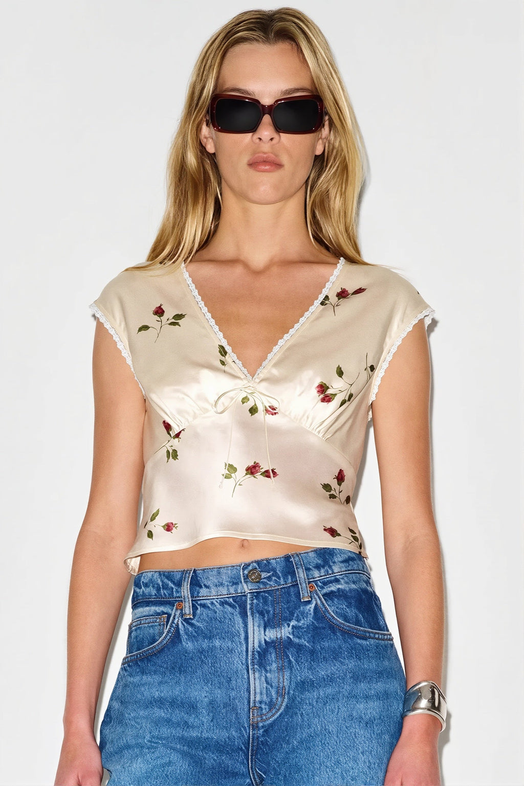 Floral Satin Vintage Lace Trim Blouse