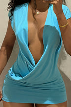 Deep V Cross Cowl Neck Cap Sleeve Ruched Bodycon Mini Dress
