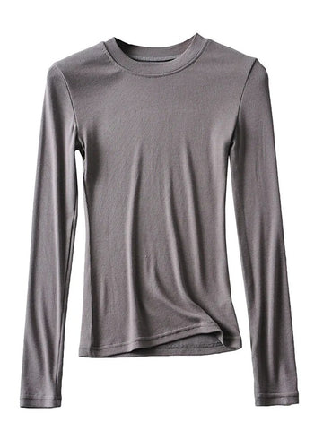 Camiseta de algodón de punto para mujer, informal, ajustada, elástica, con cuello redondo y manga larga, 2024 