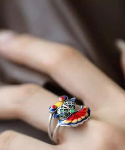 Anillos vintage de plata de ley con brocado de arcoíris y esmalte de carpa 