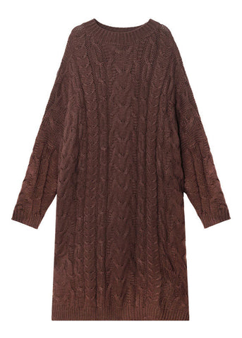 Edles, kaffeefarbenes, lässiges Jacquard-Pulloverkleid mit O-Ausschnitt für den Herbst 
