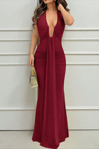 Halter Deep V Backless Ruched Hot Girl Maxi Dress
