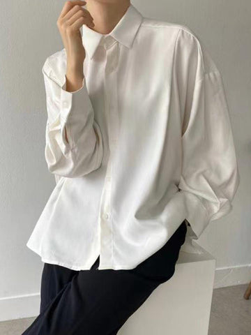 Blusas y camisas sencillas de manga larga, sueltas, abotonadas, plisadas, de color liso, con cuello de solapa 