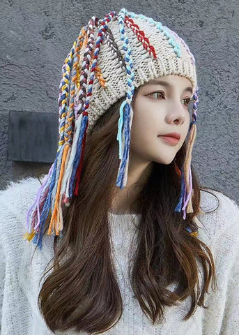 Peluca de trenza sucia beige estilo hip hop de una pieza, gorro Bonnie tejido a mano 