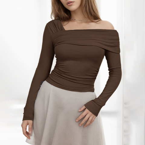 CUTENOVA - Camiseta básica lisa con hombros descubiertos para mujer, camiseta de manga larga, camiseta suave y encogida, top versátil de calle para uso diario en otoño 