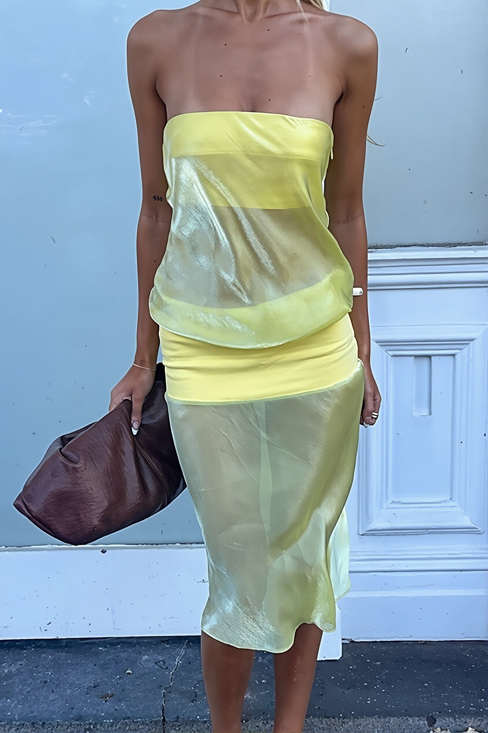 Strapless Contrast Sheath Sheer Midi Dress