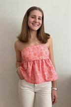 Floral Ruffle Strapless Cropped Blouse
