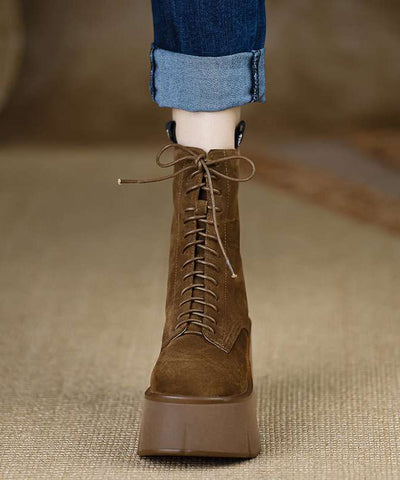 Nuevas botas de cuña de ante marrón con cordones y empalme único 