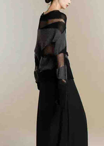 Nuevos suéteres de punto fino con cuello alto de tul y patchwork negros para otoño 