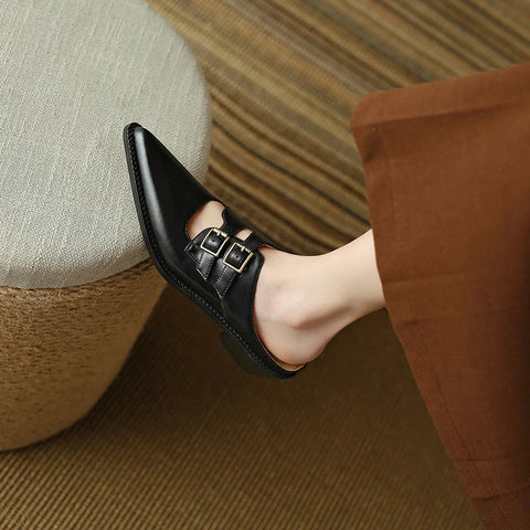 Zapatos de verano para mujer, de piel auténtica, con puntera cubierta y tacón grueso, sandalias con tira trasera, pantuflas hechas a mano. 