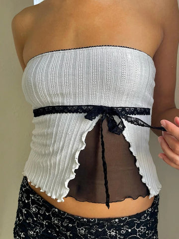TARUXY - Tops cortos ajustados de malla con empalme para mujer, sin mangas, con hombros descubiertos, sexys, sin espalda, bonitos, con lazo, camisetas cortas para mujer 