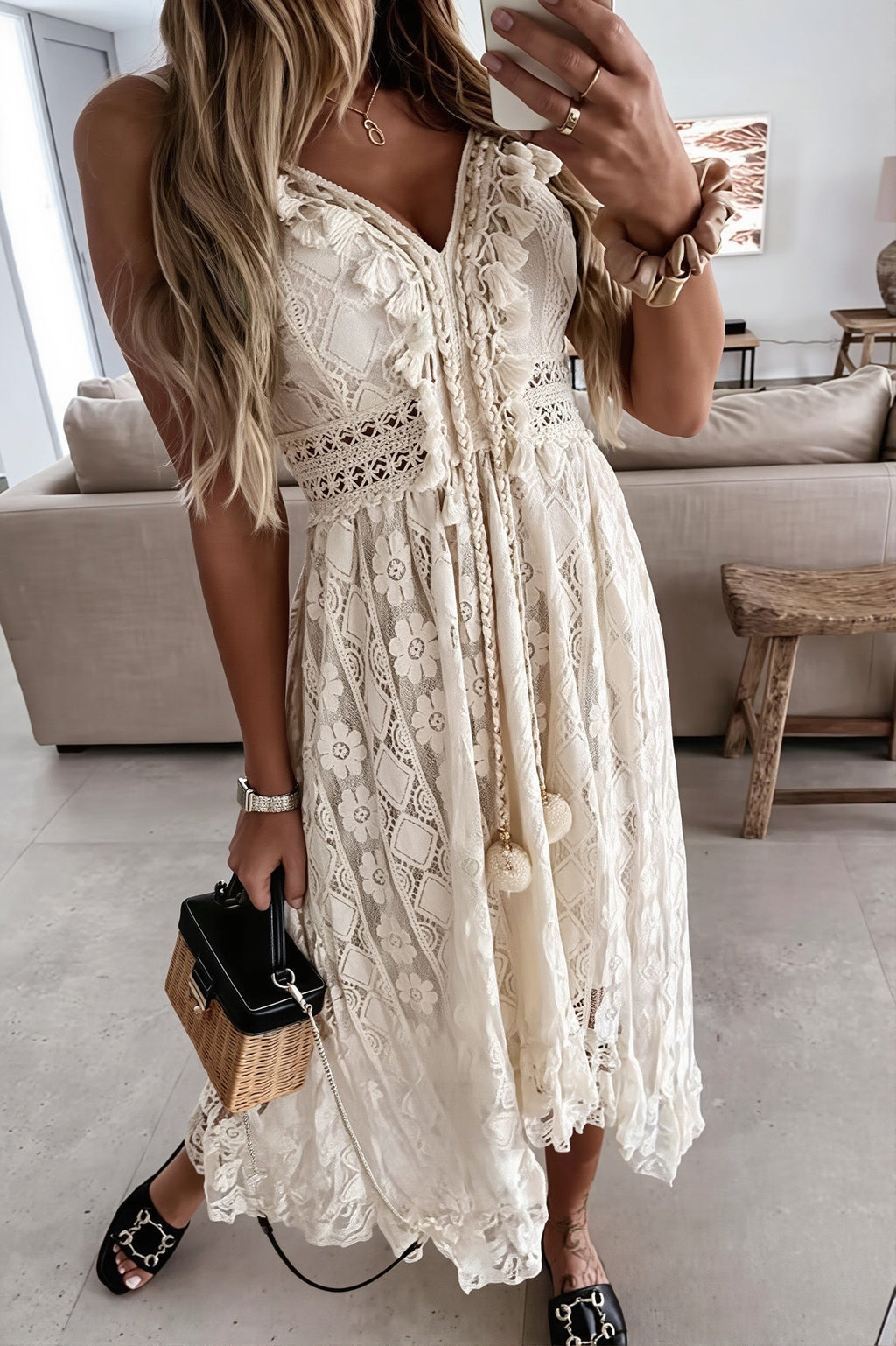 Lace Cami Solid Swing Long Boho Dress