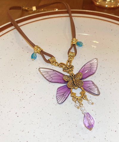 Collar vintage con colgante de mariposa de cristal de aleación de plata de ley morada 