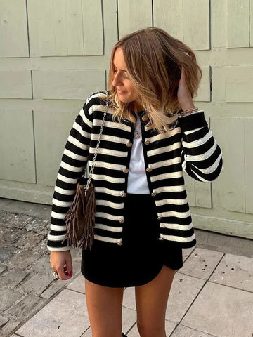 Tossy Zebra Printed Fashion Sweater Cardigan Women Loose Striped High Waist Patchwork Casual Outwear Knitwear Female Coat 2023