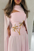 Elegant Chiffon Cape Beaded Maxi Dress