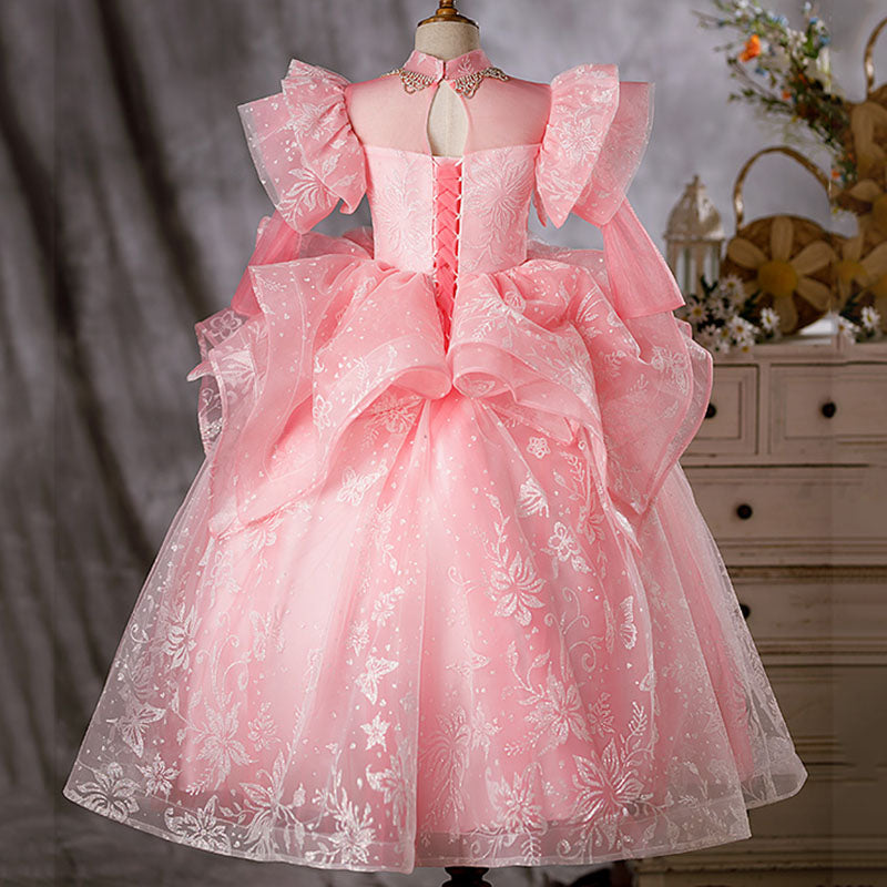 Kommunionkleid für Kleinkinder, Mädchengeburtstagsfeier, wunderschönes, flauschiges, langes Festkleid in Rosa 