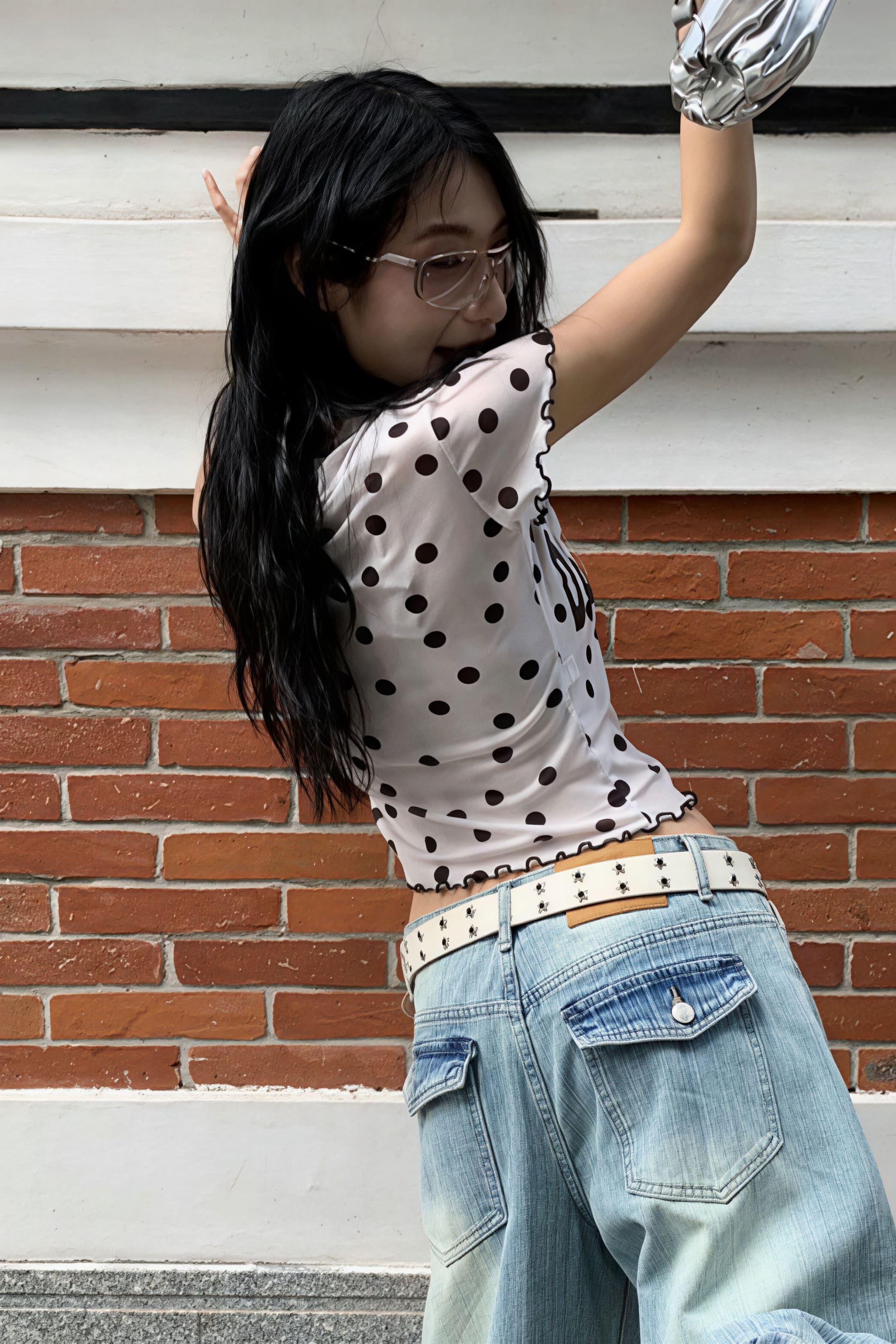 Mesh Polka Dot Letter Crop T-shirt
