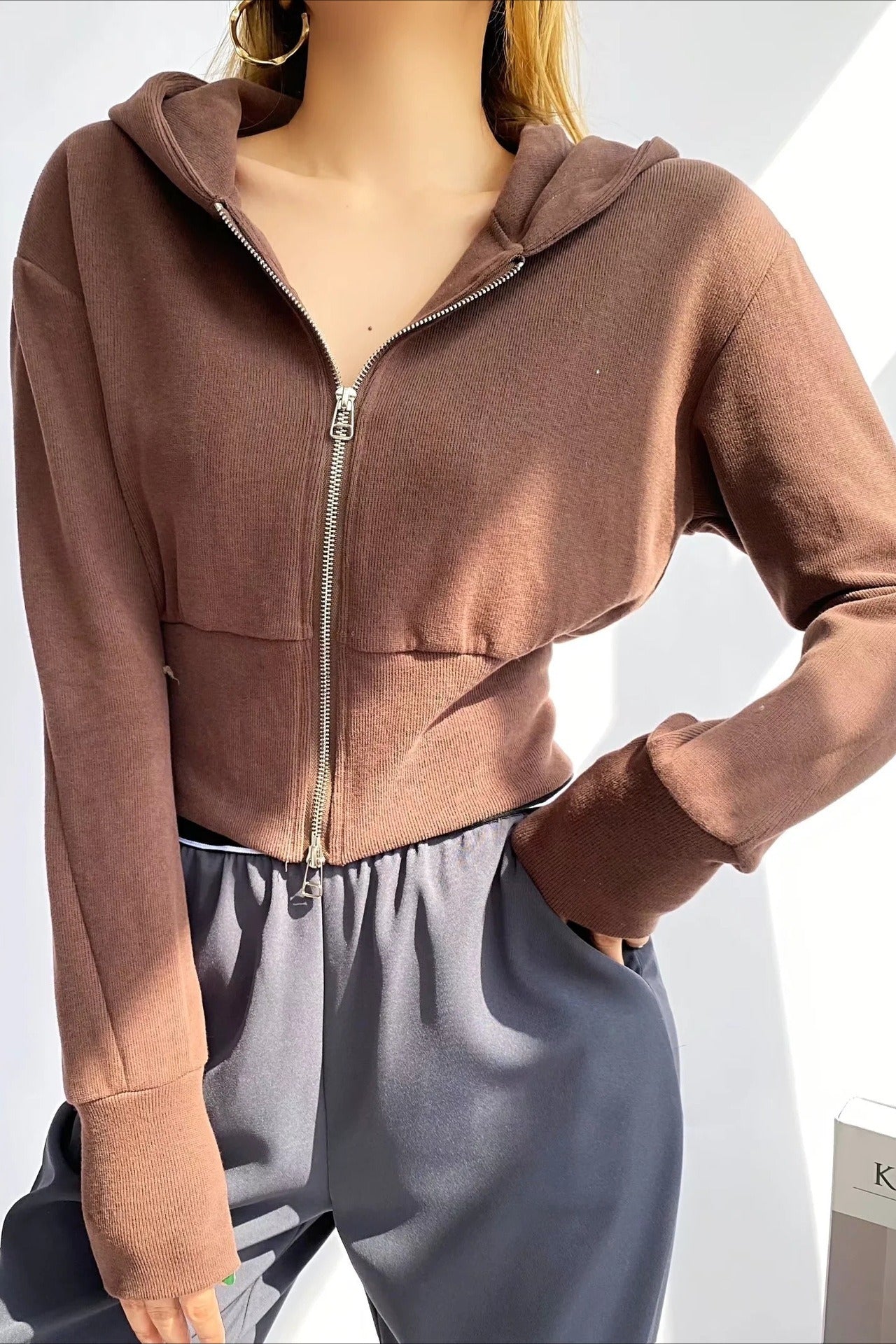Solid Dual Zipper Slim Cropped Hoodie