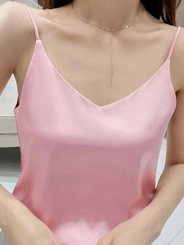 Camisola informal de satén liso con cuello en V sexy para mujer, camisetas sin mangas de gasa, top tipo camisola con cuello halter 