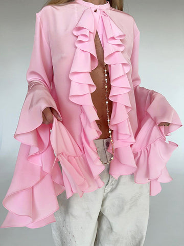 Bluse aus transparentem Chiffon mit Rundhalsausschnitt, Glockenärmeln und Wasserfall-Rüschen 
