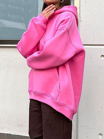 Sudadera con capucha de terciopelo de color liso con bolsillos sueltos y mangas largas 