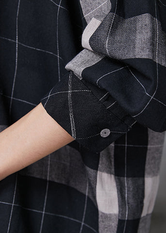 Boho Schwarz Oversized Plaid Baumwollhemd Tops Frühling 