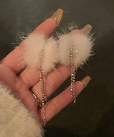 Elegant White Sterling Silver Alloy Fuzzy Ball Tassel Drop Earrings
