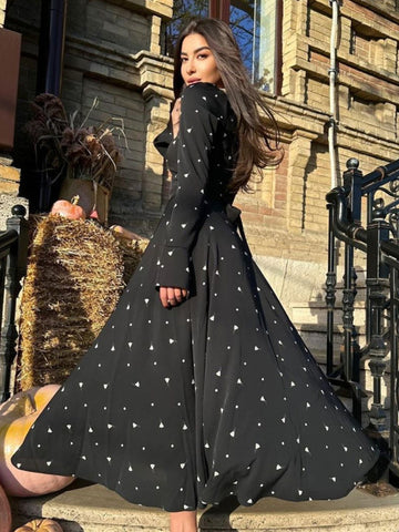 Mini Triangle Printed Dress Round Neck Long Sleeves Casual Maxi Dresses
