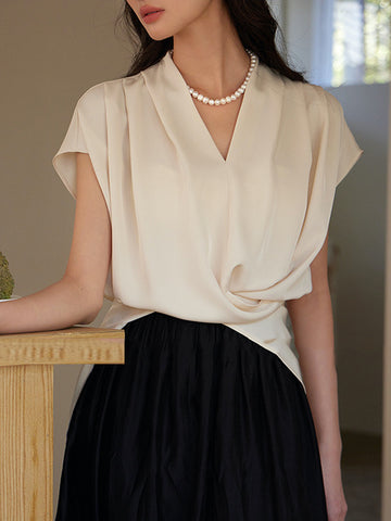 Loose Raglan Sleeve Knot Pleated Solid Color Split-Joint V-Neck Blouses&Shirts Tops