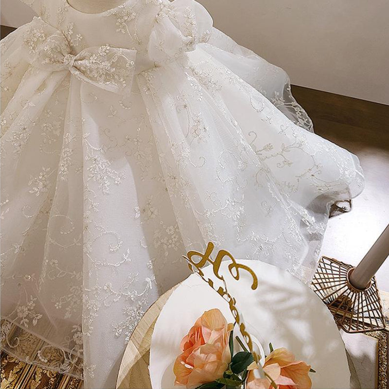 Vestido de comunión con lazo y mangas abullonadas estampado para niña de las flores 