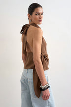 Cowl Neck Backless Asym Draped Halter Top
