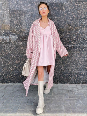 TARUXY Hahnentritt-Trenchcoat für Frauen 2024 Herbstmode Schlanke lange Mäntel Damen Winter Street Temperament Kleidung Frau Neu 