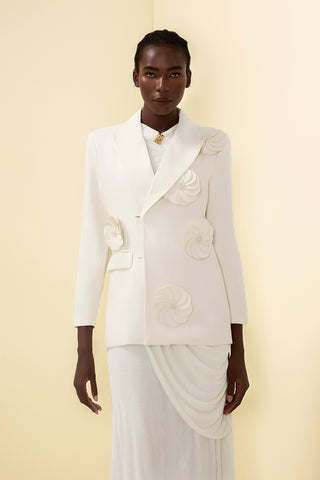 Flower Faux Pearl Long Sleeve Blazer