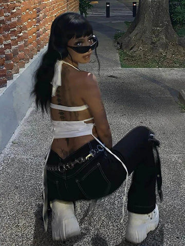 Top corto sexy de verano Y2K con espalda descubierta para mujer, con agujeros, blanco, sin mangas, estilo vendaje, estilo halter, ropa de calle, camisola de los años 90 
