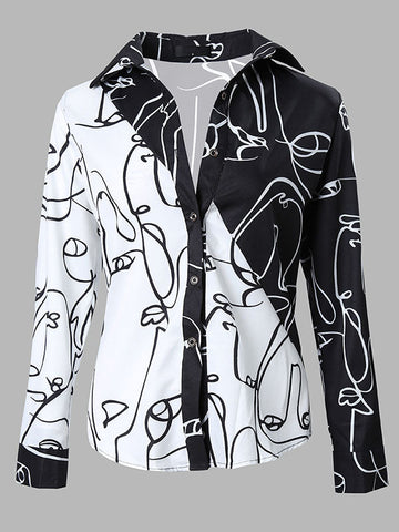 Long Sleeves Loose Buttoned Contrast Color Figure Lapel Blouses&Shirts Tops