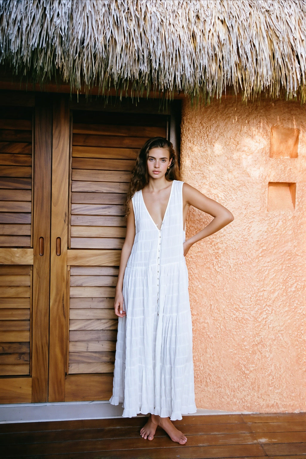 Sexy Solid Chiffon V Neck Button Swing Maxi Dress