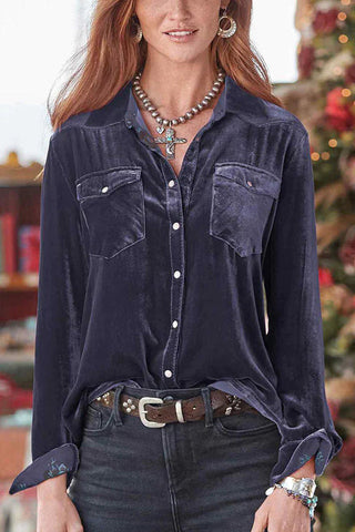 Blusa romántica de terciopelo con mangas largas y bolsillos 