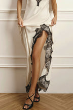 Lace Spaghetti Strap Silk-Like Slit Maxi Dress