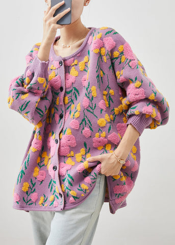 Cárdigan de punto jacquard con cuello redondo en rosa francés para invierno 