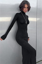 Solid Color High Neck Long Sleeve Maxi Dress