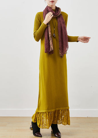 Vestido tipo suéter de punto con encaje y patchwork amarillo, corte entallado para primavera 