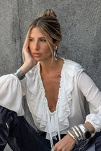 White Ruffled V Neck Lantern Sleeve Blouse
