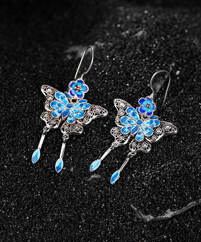 Vintage Boutique Blue Sterling Silver Butterfly Plum Blossom Tassel Drop Earrings