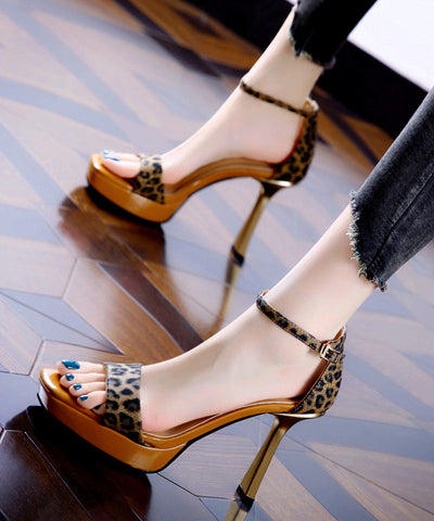 Sandalias de tacón alto con estampado de leopardo negro estilo europeo y americano 