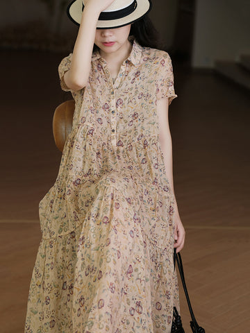 Women Summer Artsy Floral Drawstring Cardigan Ramie Dress