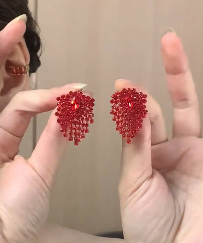 Stylish Red Alloy Zircon Tassel Stud Earrings