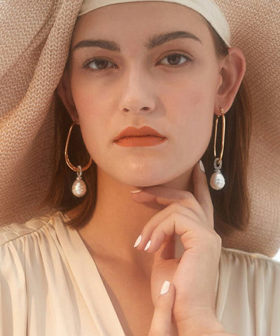 Pendientes de aro con perla y circonitas de aleación de plata esterlina y oro de moda 